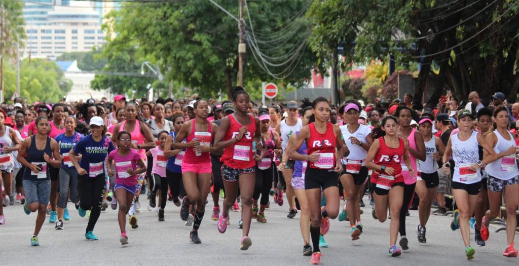Participants take part in last year’s Scotiabank Women Against Breast Cancer 5k. The 20th annual edition takes place today at the Queen’s Park Savannah, Port of Spain.