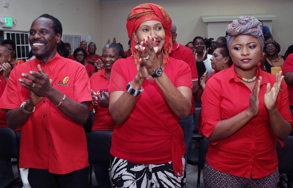 Minister in the Ministry of Legal Affairs Fitzgerald Hinds, Labour Minister Jennifer Baptiste-Primus and Minister of Community Development, Culture and the Arts Dr Nyan Gadsby-Dolly at a PNM meeting in Malabar on August 19. Baptiste-Primus is an unchallenged candidate for labour relations officer in next Sunday's party elections. PHOTO BY AZLAN MOHAMMED
