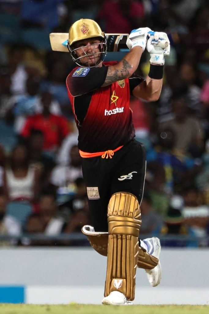 Brendon McCullum of Trinbago Knight Riders hits a six during the Hero Caribbean Premier League match between Barbados Tridents and Trinbago Knight Riders at Kensington Oval on August 26, in Bridgetown, Barbados.
