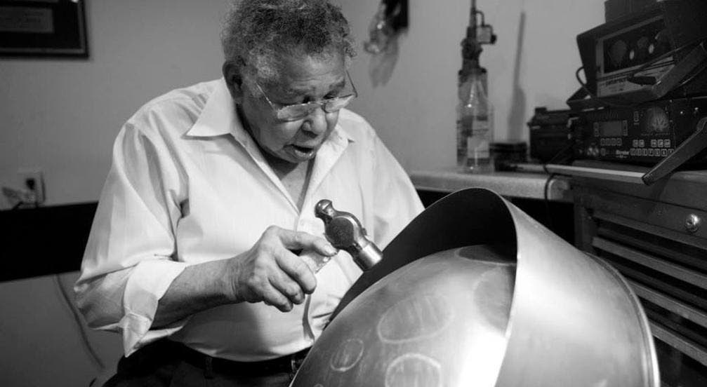 Ellie Mannette crafting a drum at his workshop in Morgantown, West Virginia, in 2006. Photo courtesy Mannette Musical Instruments