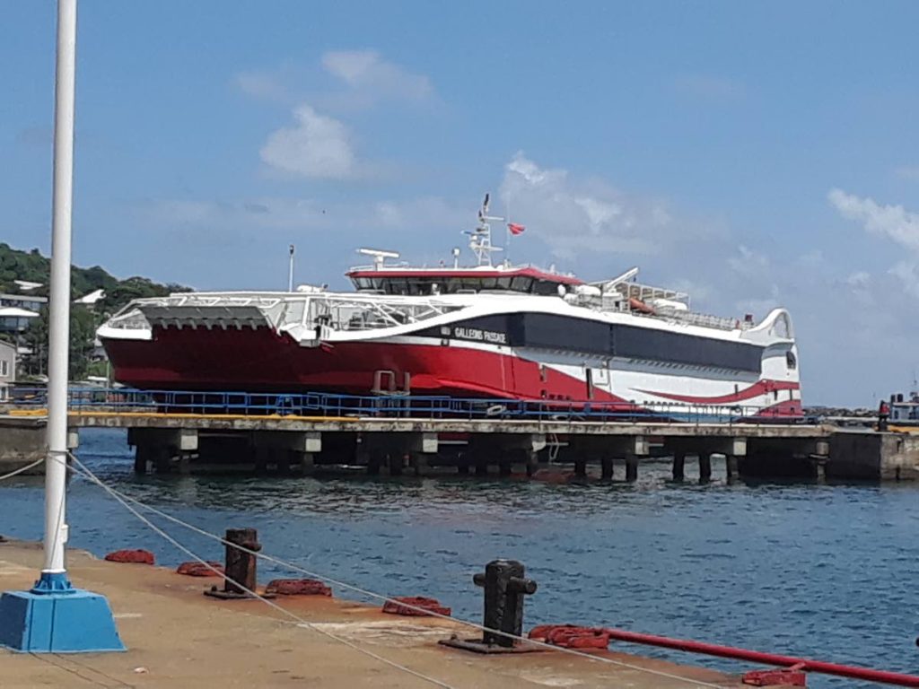 Bow out: Galleons Passage anchors off the Sacarborough port yesterday on its first sea trial between Trinidad and Tobago. The boat's bow ramp could not extend to the dock. PHOTO BY ELIZABETH GONZALES
