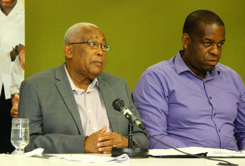 TOUGH LESSON: Education Minister Anthony Garcia and Dr Lovell Francis, Minister in the Education 
Ministry, update the media at the ministry, St Vincent Street, Port of Spain yesterday, on the reopening 
of schools tomorrow. Four schools will remain closed because of damage due to the 6.9 earthquake 
on August 21. PHOTO BY ROGER JACOB