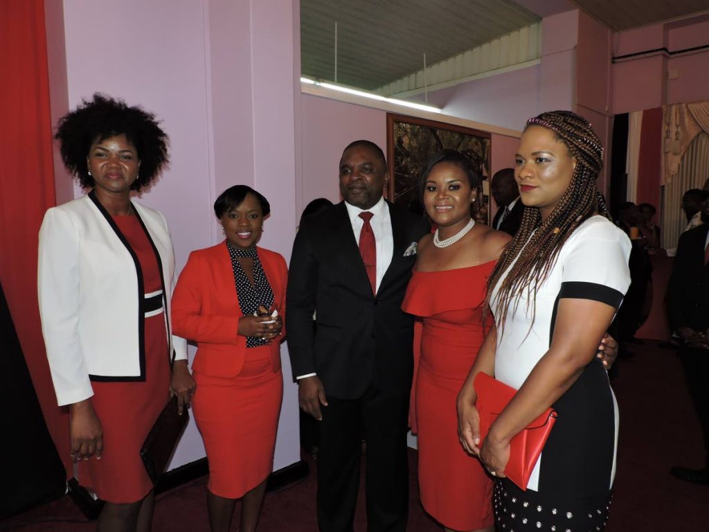 East MP Ayanna Webster-Roy, right, and Tobago West MP Shamfa Cudjoe, second from right, stand with Finance Secretary Joel Jack, his wife, Kamaria, at left, and Public Affairs Specialist Avian Parks at last Friday’s reception to mark the 56th anniversary of Independence of Trinidad and Tobago’s, hosted by Tobago House of Assembly’s Presiding Officer Denise Tsoiaffat Angus at the Assembly Chamber in Scarborough.