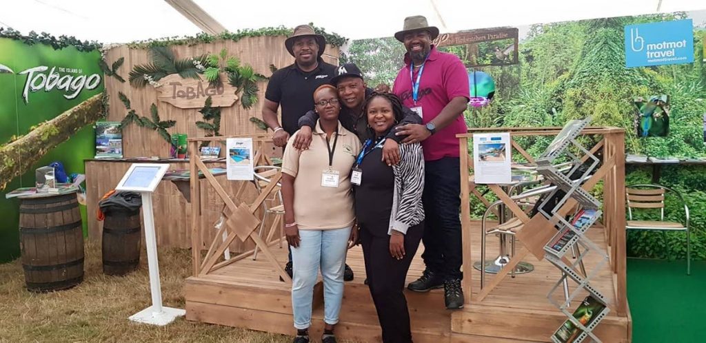 Tobago at Bird Fair: Members of Team Tobago at the British Birdwatching Fair on August, from left, Tobago Tourism Agency’s (TTA) Chief Executive Officer Louis Lewis, Dianne George, Newton George, TTA’s Marketing Officer Marsha Patrick, and UK Sales and Marketing Manager, Stephen Smith. (Photo courtesy Stephen Smith)