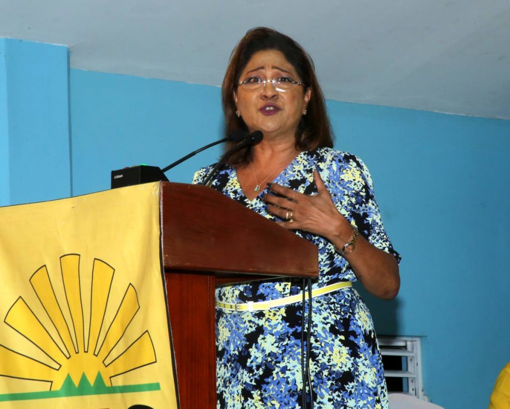 Opposition Leader Kamla Persad-Bissessar at the Claxton Bay meeting last Monday where she described Prime Minister Dr Keith Rowley as an 