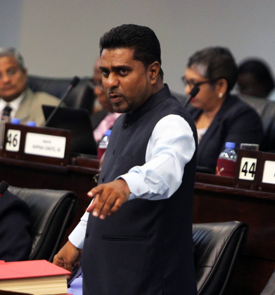 Opposition Senator Gerald Ramdeen speaks in Parliament yesterday in Port of Spain.