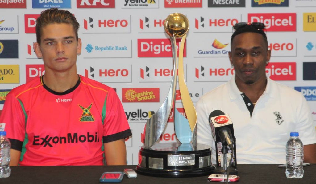 Trinbago Knight Riders’ 
captain Dwayne Brave (R) and Guyana Amazon Warriors’ address the media, at the Hyatt Regency, Port of Spain, during a pre game press conference prior to today’s Hero CPL T20 final between both teams, at the Brian Lara Cricket Academy, Tarouba.