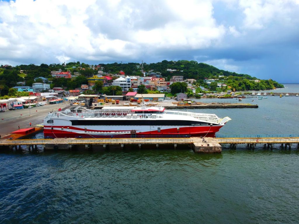 In this 2021 file photo, the inter-island ferry the Galleons Passage is docked at the Scarborough port. File photo/Jeff Mayers