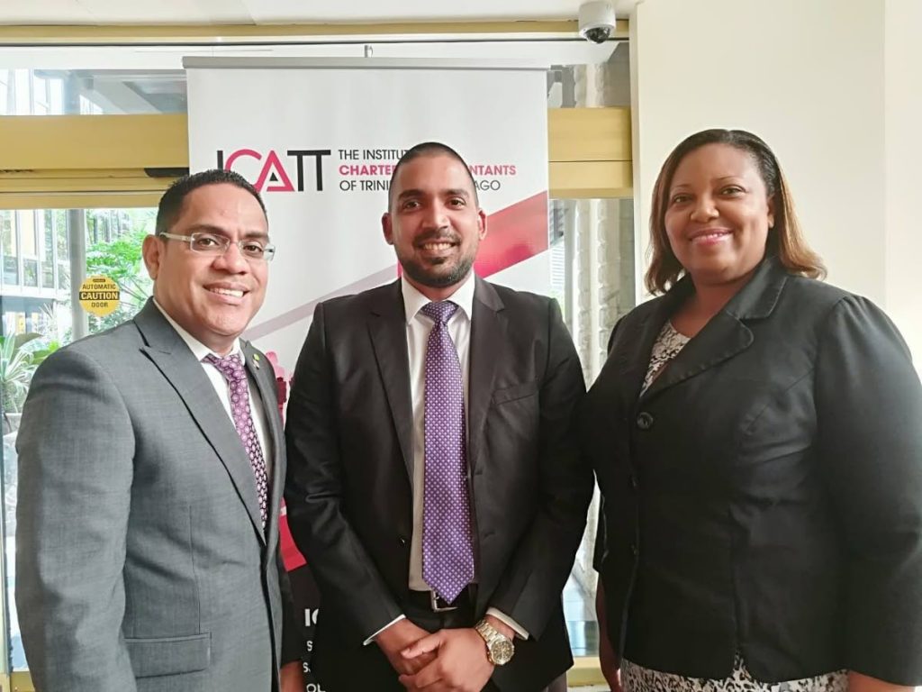 ICATT President Stacy Ann Golding (right); Derek Mohammed (left), Conference Chair for ICATT 2018 Annual International Finance & Accounting Conference; and Nicholas Sonnylal, Direct Sales Manager, TATIL, celebrate the insurance company’s lead Titanium sponsorship of the signature forum.