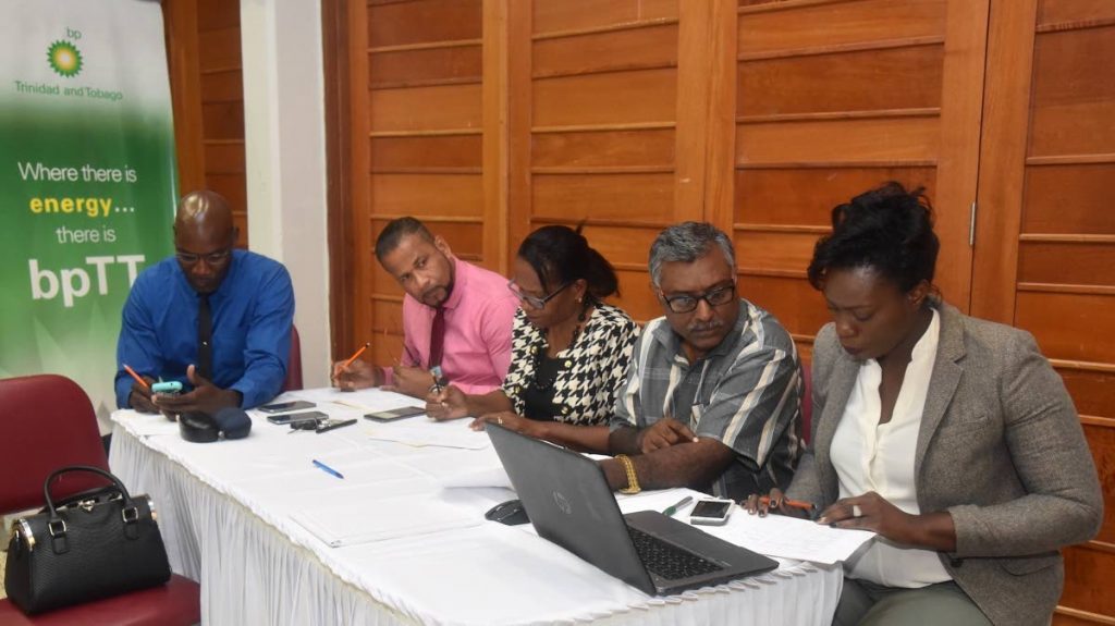 The judges have a tough time separating the excellent debate teams during the finals of the 2018 BP Trinidad and Tobago Schools’ Environmental Awareness Competition. They are (from left) Darrin Parkes, Educator; Chris Metivier, School Supervisor I, Ministry of Education; Arleen Sinanan, Principal, Mathura Primary School; Richard Roopnarine, Educator; and Kerneisha Prince-King, Manager, BPTT Mayaro Resource Centre.