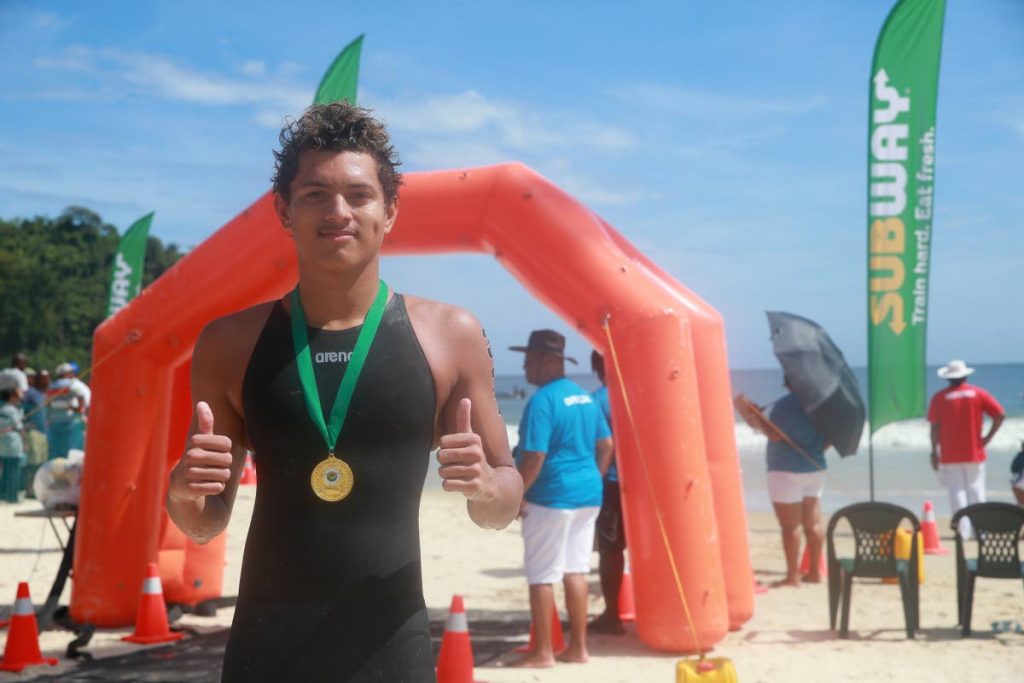 Josiah Parag finished with a time of 1:23.26, in the Men’s 5,000m race, during the Subway Maracas Open Water Swim hosted by ASATT at Maracas Bay. Photo by Allan V. Crane/CA-images