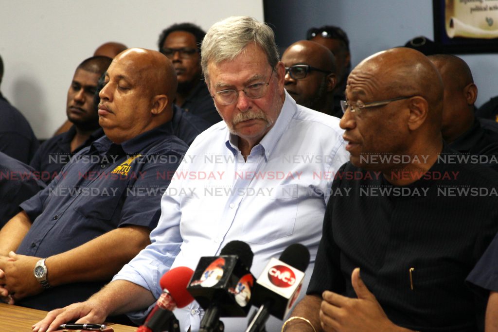 President General of the OWTU, Ancel Roget and  Jim Catterson, former ILO international director during a  press conference at Paramount building San Fernando 



Holder                       17-9-18