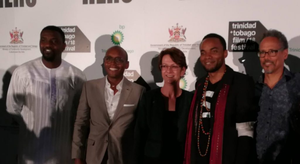 The cast from Hero: Inspired by the Extraordinary Life and Times of Mr Ulric Cross: John Dumelo, left, Fraser James, BPTT president Claire Fitzpatrick, Nickolai Salcedo  and Peter Williams.