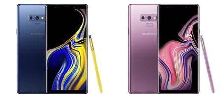 Samsung Galaxy Note 9 ocean blue with a yellow S Pen and lavender purple with matching S Pen.