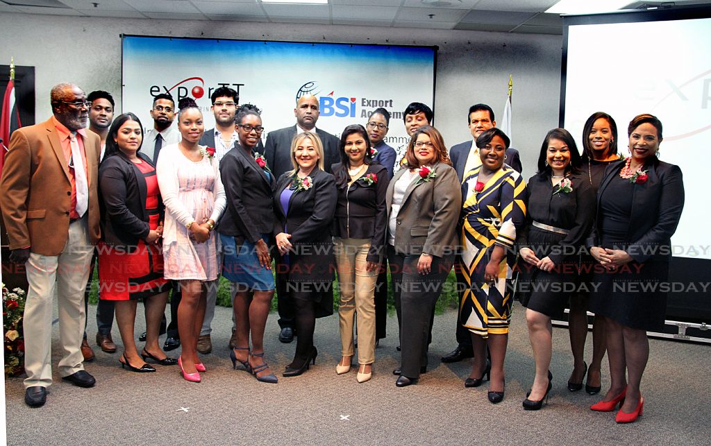 Class of 2017 of the the International Trade Specialist Accreditation Programme of the eBSI Export Academy with exportTT's  CEO Dietrich Guichard middle back row posing for a group photo during their graduation ceremony Friday evening at the Chamber of Commerce building Westmoorings. PHOTO SUREASH CHOLAI
