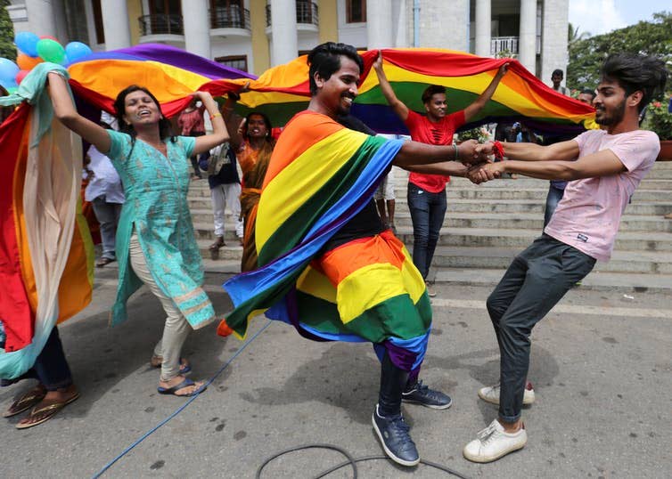 Members of the LGBT community dance to celebrate after India’s top court struck down a colonial-era law that made homosexual acts punishable by up to 10 years in prison.