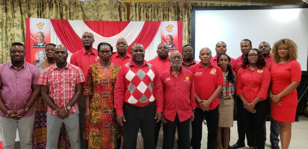 Members of the new Executive of the PNM⁳ Tobago Council, pose for a photo at the third Convention at the conference room of the Division of Infrastructure, Shaw Park on Sunday.  In front, from left are Labour Relations Officer Kevon Phillips, Youth Officer Huey Cadette, General Secretary Lynette James-Louis, Vice Chairman Wendell Berkeley, Chairman Stanford Callendar, Elections Officer Ronald Celestine, Social Media Officer, Tineesia Brebnor, Assistant Secretary Marissa Williams and Lady Chairman Ayanna Webster Roy.  In back row, from left, are Welfare Officer Grace Dennis, Operations Officer William McKay, Political Leader Kelvin Charles, Field Officer Marlon David, Research Officer Robert Bobb, Public Relations Officer Kwesi Des Vignes, Education Officer Kurt Salandy and Treasurer Joel Jack. 

Photo by Kinnesha George-Harry   