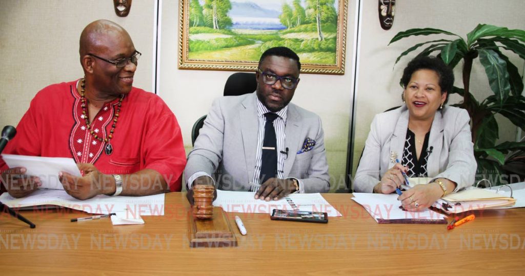 From left ,Seamen and Waterfront Workers Trade Union President Michael Annisette,Public Services Association  (PSA) President Watson Duke and Attorney Nyree Alfonso at a joint press conference at PSA head office on Abercromby Street in Port of Spain.  PHOTO SUREASH CHOLAI 