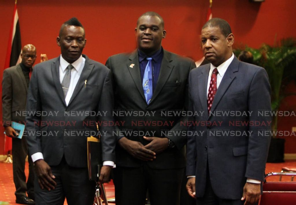 Three goverment  senators were sworn in at the opening of the new session of Senate, from left Augustus Thomas and Ndale Thomas  both as temporary senators  while Garvin Simonette right  was sworn in as permanent senator. PHOTO SUREASH CHOLAI
