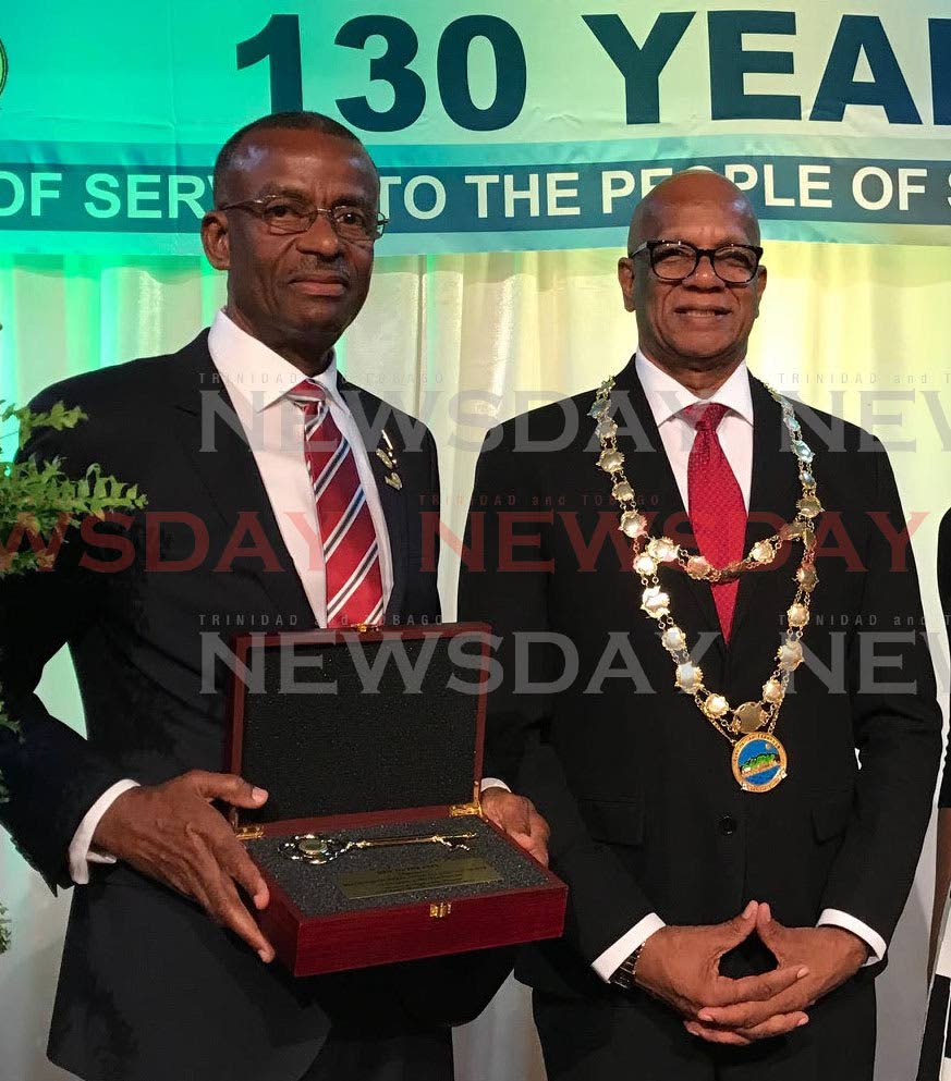 Keith Belgrove, CEO of Belgroves Group of Companies, received the keys to the City of San Fernando, from Mayor Junia Regrello at a special function at City Hall Auditorium, San Fernando, last week Thursday.