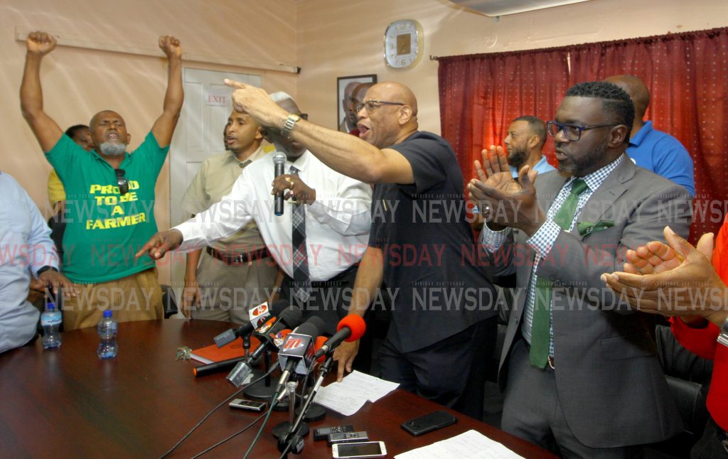 President General of the OWTU Ancel Roget   joined by labour leaders call for an urgent meeting with the Prime Minister during a media conference at NUGFW, Upper Henry Street, POS. September 3, 2018. PHOTO BY ROGER JACOB.