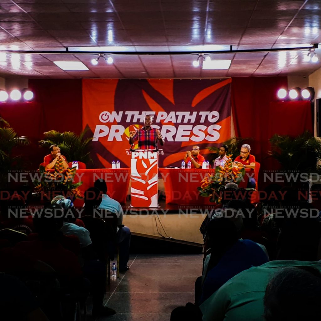 Prime Minister Dr. Keith Rowley speaks to the audience at the Marabella Community Facility about the shutdown of the refinery at Petrotrin. Photo: Kalifa S Clyne
