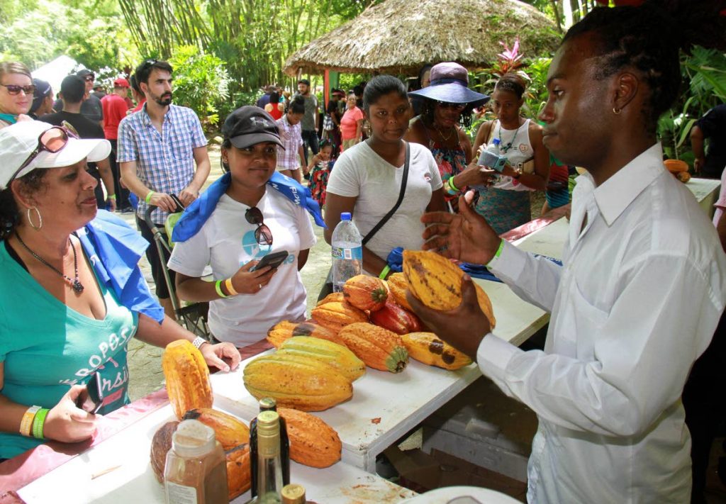 Isidore Vincent of Shandies Bar in Couva shows off his cocoa to patrons earlier this year at the Montserrat Cocoa Farmers Co-operative Society Ltd, Cocoa Food Festival at La Vega Estate in Gran Couva.