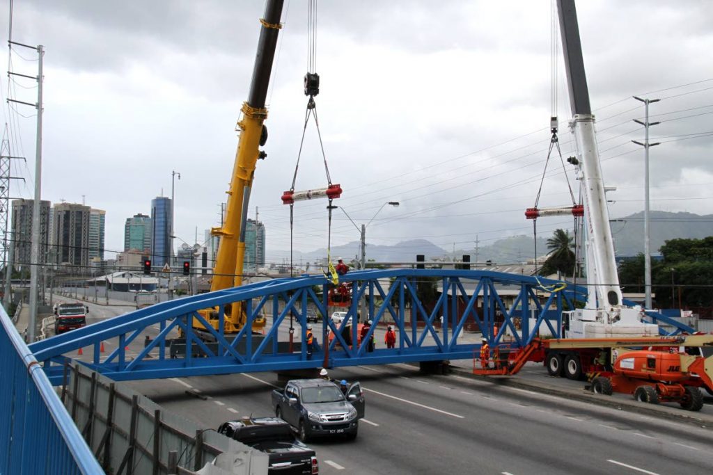 The Sea Lots pedestrian overpass superstructure as it was being installed near to Central Market, Beetham Highway, Port of Spain.