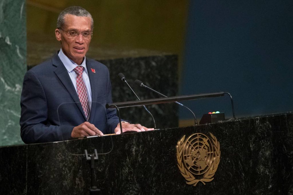 Trinidad and Tobago’s Foreign Minister Denis Moses addresses the 73rd session of the United Nations General Assembly, Saturday at UN headquarters in New York.