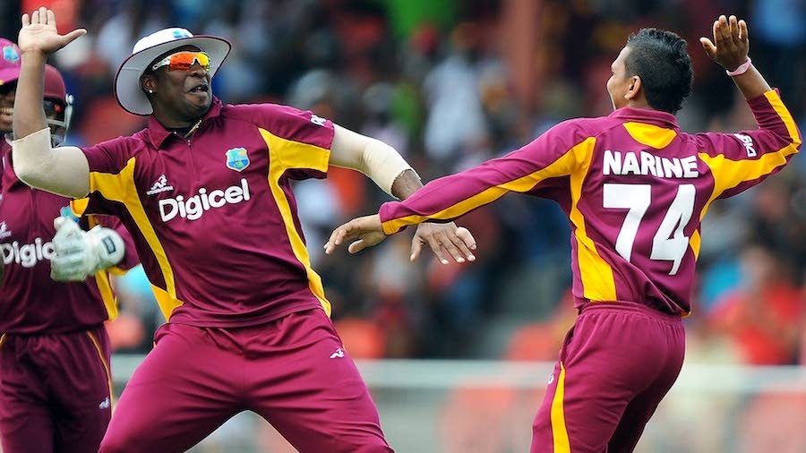 Kieron Pollard (left) and Sunil Narine