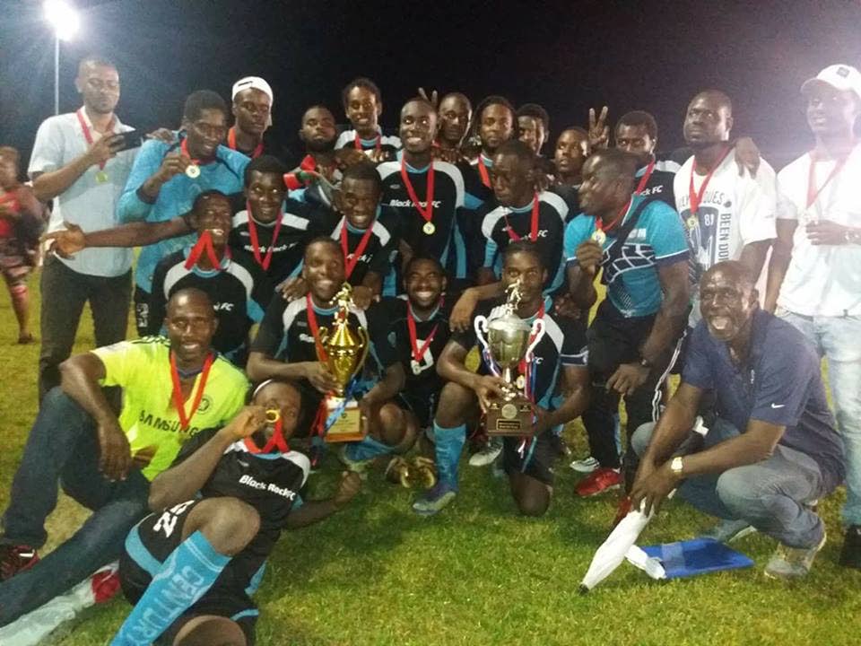 Black Rock FC after winning the Tobago Football Association 2017 FA championship. Coach Ronald Duke is at right, second row.