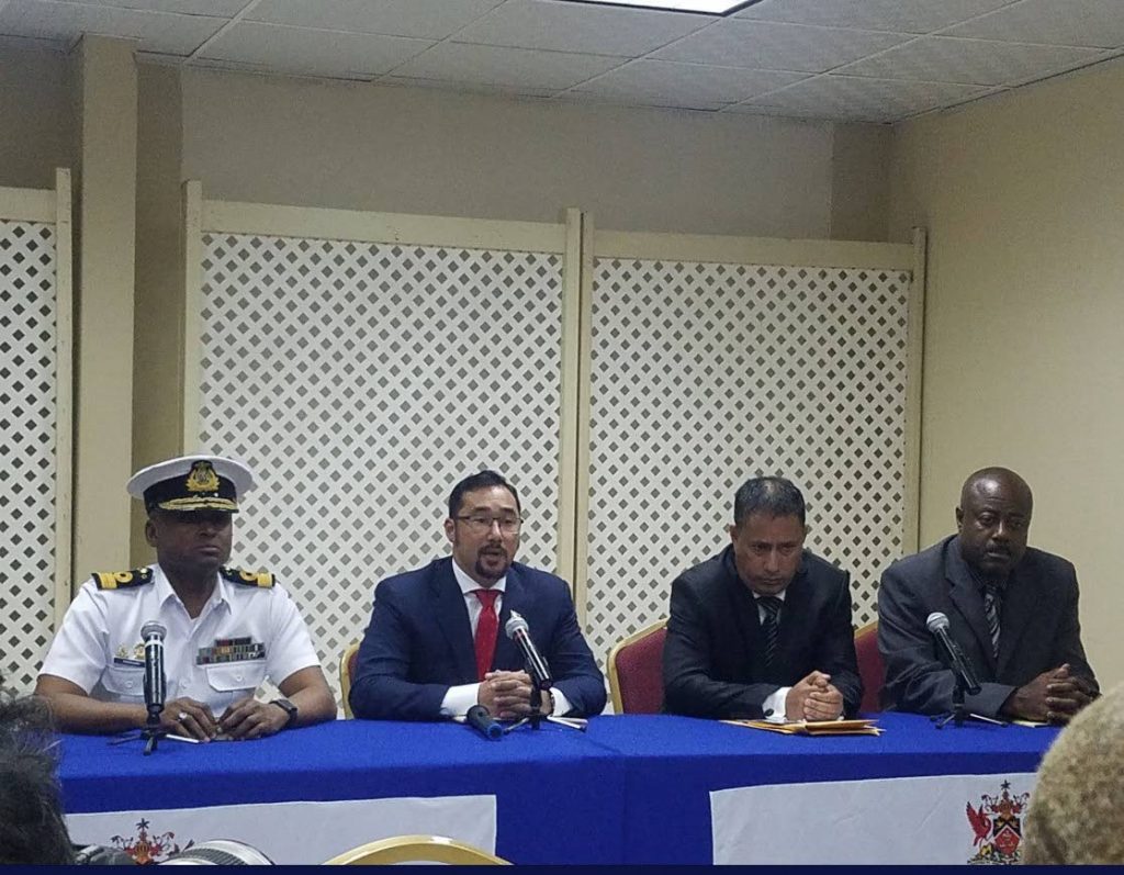 SECURITY TALKS: This photo, posted on the National Security Ministry's twitter account, shows from left, Chief of Defence Staff Hayden Pritchard, National Security Minister Stuart Young, Police Commissioner Gary Griffith and president of the Prison Officers Association Ceron Richards at a press conference at the ministry's Port of Spain officer earlier today to discuss the murder on Tuesday of Prisons Superintendent Wayne Jackson who was shot dead outside his Malabar Home. 