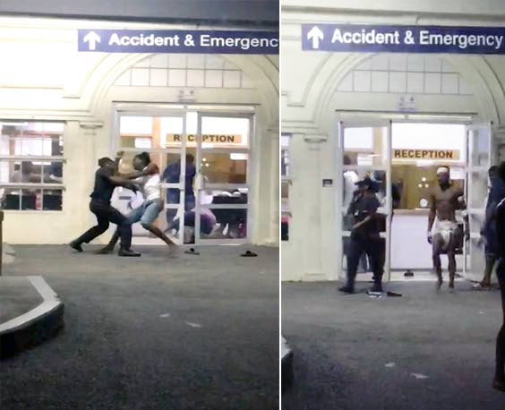INFIRMARY BRAWL: This composite photo, taken from freeze frame grabs from a video posted to social media, shows at left, a man engaged in full battle with a security guard at the St James Infirmary on Tuesday night while at right, a man clad only in adult diapers and who was also involved in the fracas, walks out of the health centre.