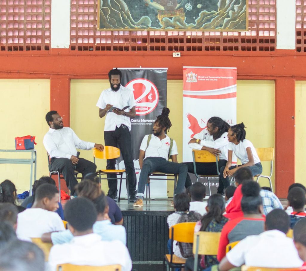 The 2 Cents Movement at the Carapichaima West Secondary school during the National Secondary School Spoken Word Outreach Tour.