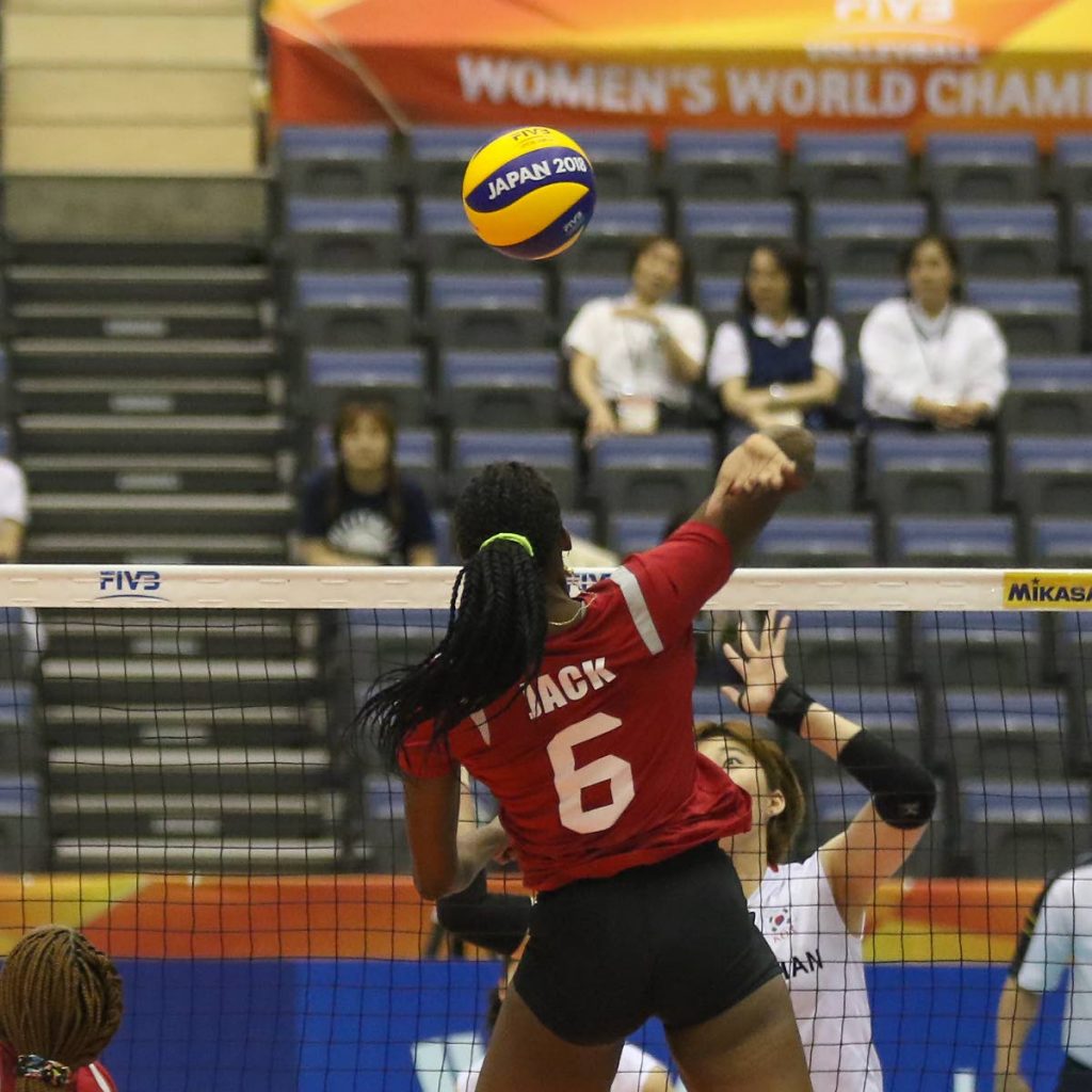 TT's Sinead Jack (no 6) scores over a late block  from South Korea in their encounter yesterday in the FIVB Volleyball Women's Championships, at the Kobe Green Arena, Japan.