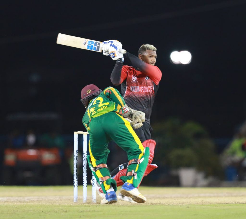 TT Red Force batsman Nicholas Pooran plays a shot during his knock  of 89 runs during the Super 50 match against the Windward Islands at the Queen’s Park Oval,on October 3. Image:Nicholas Bhajan/CA-images
