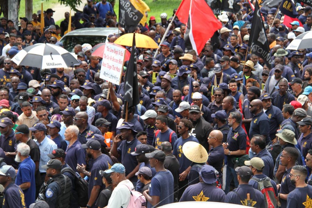 MASSIVE MARCH: Members of the Oilfield Workers Trade Union turned out in their numbers yesterday for the culmination of their three-day “mother of all marches” which ended at the Brian Lara Promenade in Port of Spain. PHOTO BY SUREASH CHOLAI