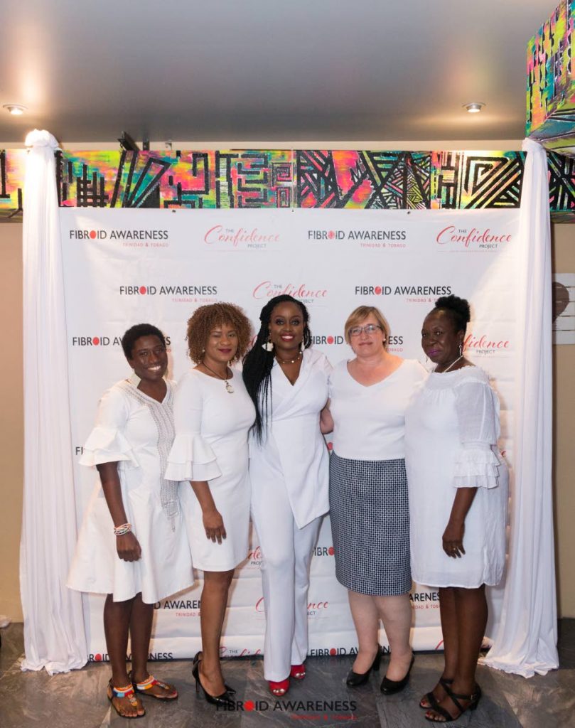Minister of the Office of the Prime Minister and Tobago East MP Ayanna Webster-Roy,, second from left, and found of Fibroid Awareness TT Foundation, Korice Nancis,  third from left, pose for a photo with  University of the Southern Caribbean lecturer, Akilah Riley-Richardson,  US Consul & Tobago Liaison Officer, Susan L’Ecuyer and  CEO of the Tobago regional Health Authority, Ingrid Melville, at the launch of the  Foundation on September 30.