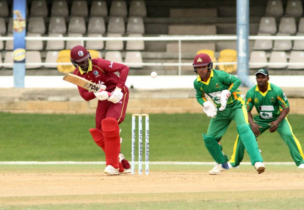 West Indies B opening batsman Kimani Melius plays a shot to the leg-side during his innings of 33 against the Windward Islands Volcanoes yesterday.