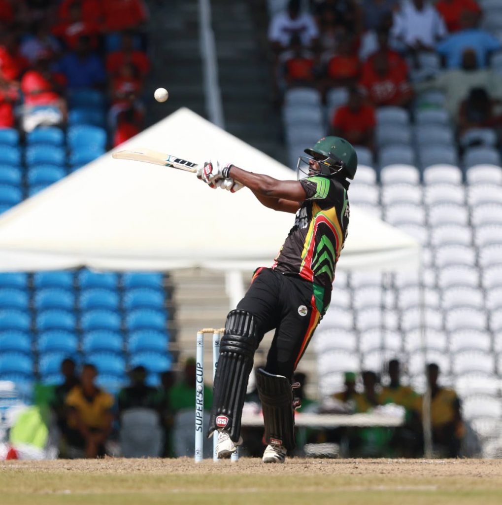 Guyana Jagauars Raymon Reifer hits a shot during the Regional Super 50 tournament match against the TT Red Force at the Brian Lara Cricket Academy, Tarouba, yesterday. Photo by Nicholas Bhajan/CA-images