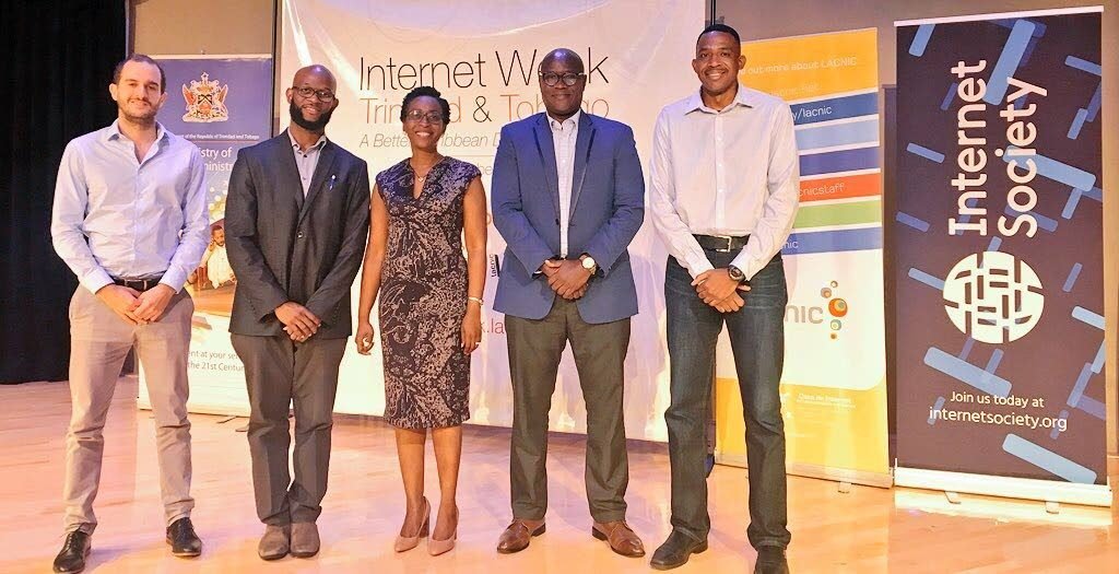 Gabriel Recalde, Google; Kevon Swift, LACNIC; Shelly Ann Clarke Hinds, MInistry of Public Administration; and Stephen Lee, CaribNOG, at the opening of Internet Week TT on October 2, at Government Plaza Auditorium, Richmond Street, Port of Spain. Photo courtesy Gerard Best