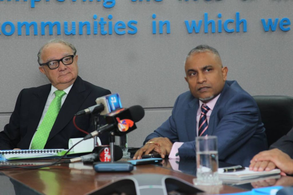 
In this May 2, 2017 file photo, Sagicor chairman Stephen McNamara and group chief operating officer Ravi Rambarran brief journalists on the company's performance at its headquarters, Queen's Park Savannah West, Port of Spain.