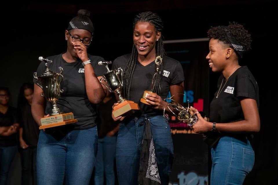 St George’s College of Sixth Avenue and Tenth Street in Barataria is the defending champion, above,  members of St George’s College team with their first place trophies in the first edition of Raise The Bar.