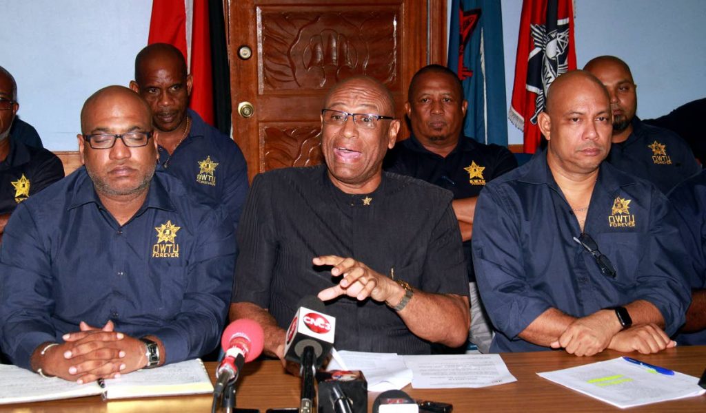 At center, President General of the OWTU Ancel Roget and other members during a press conference, which was held at Paramount Building Circular Road, San Fernando.