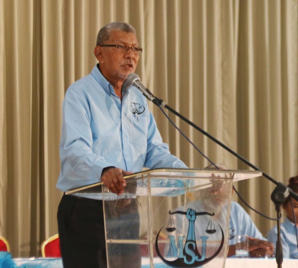 THE RIGHT CHOICE: David Abdulah, political leader of the MSJ, speaks at the party’s National Assembly held at the Harewood Dolly Hall, Harris Promenade, San Fernando on Sunday.