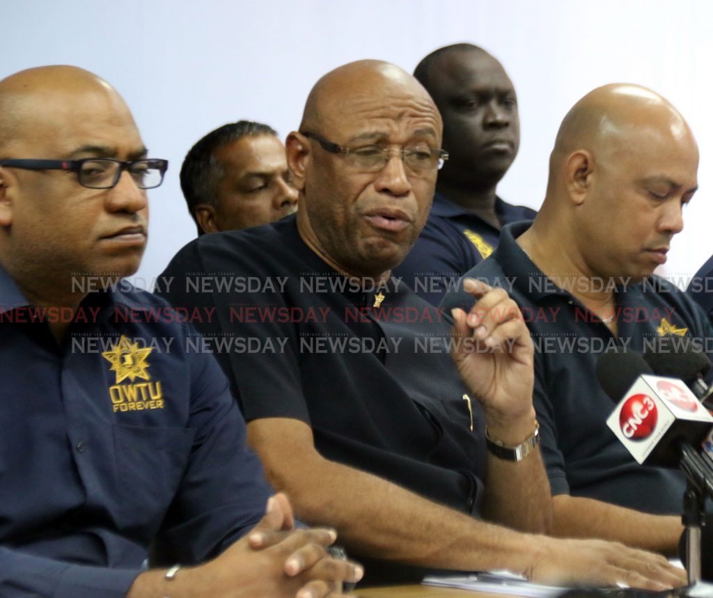 President General of the OWTU Ancel Roget (centre) was seen speaking at a press confrence at OWTU head office in San Fernando

PHOTO BY: ANSEL JEBODH