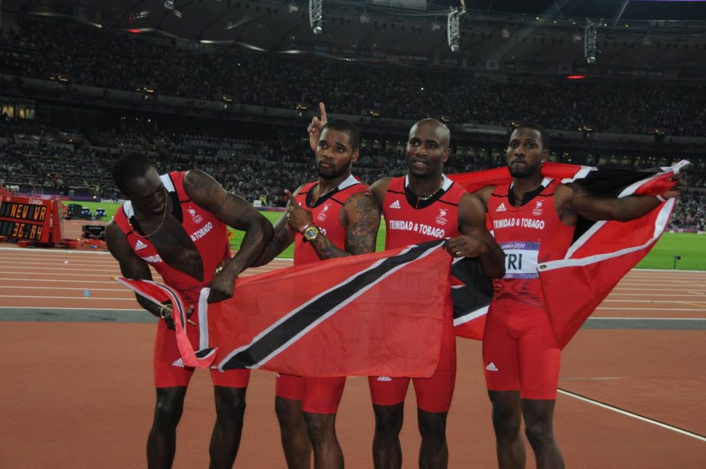 GOLDEN BOYS: Trinidad and Tobago's 2008 4x100m sprinters (from left) Marc Burns, Keston Bledman, Emmanuel Callender and Richard Thompson have been officially named Olympic champions. 