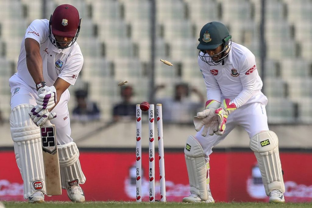 West Indies' Kieran Powell is bowled out during the second day of the second Test match vs Bangladesh in Dhaka, Saturday.
