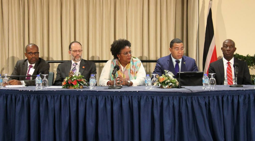 CARIBBEAN HEADS: (from left to right) Caricom assistant secretary general Salas Hamilton, Caricom secretary general Irwin La Rocque, Barbados PM Mia Mottley, Jamaica PM Andrew Holness and TT PM Dr Keith Rowley at Tuesday’s press conference.