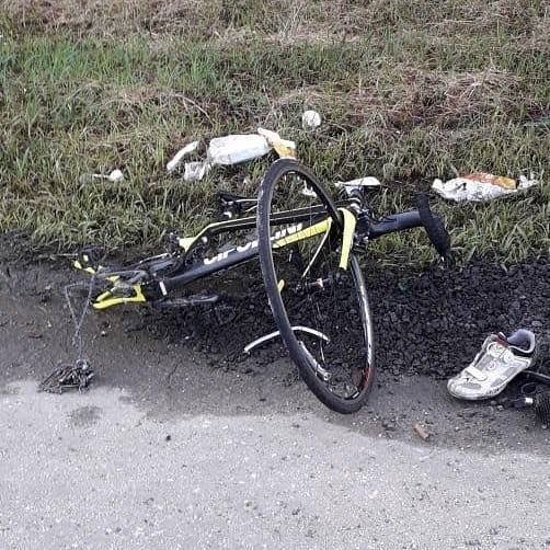 The crumpled bike of cyclist Aaron Thomas where he died after a driver crashed into him on the Churchill Roosevelt Highway, Orange Grove, Tacarigua. 